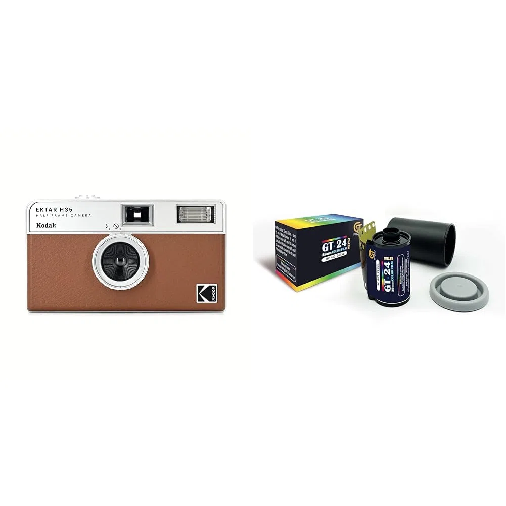 KODAK EKTAR H35 Halbformat-Filmkamera 35 mm, réutilisable, Fokusfrei, Leicht, Einfach zu Bedienen - Braun + GT Photo Retro Farbfilm 35mm - 24 Aufnahmen