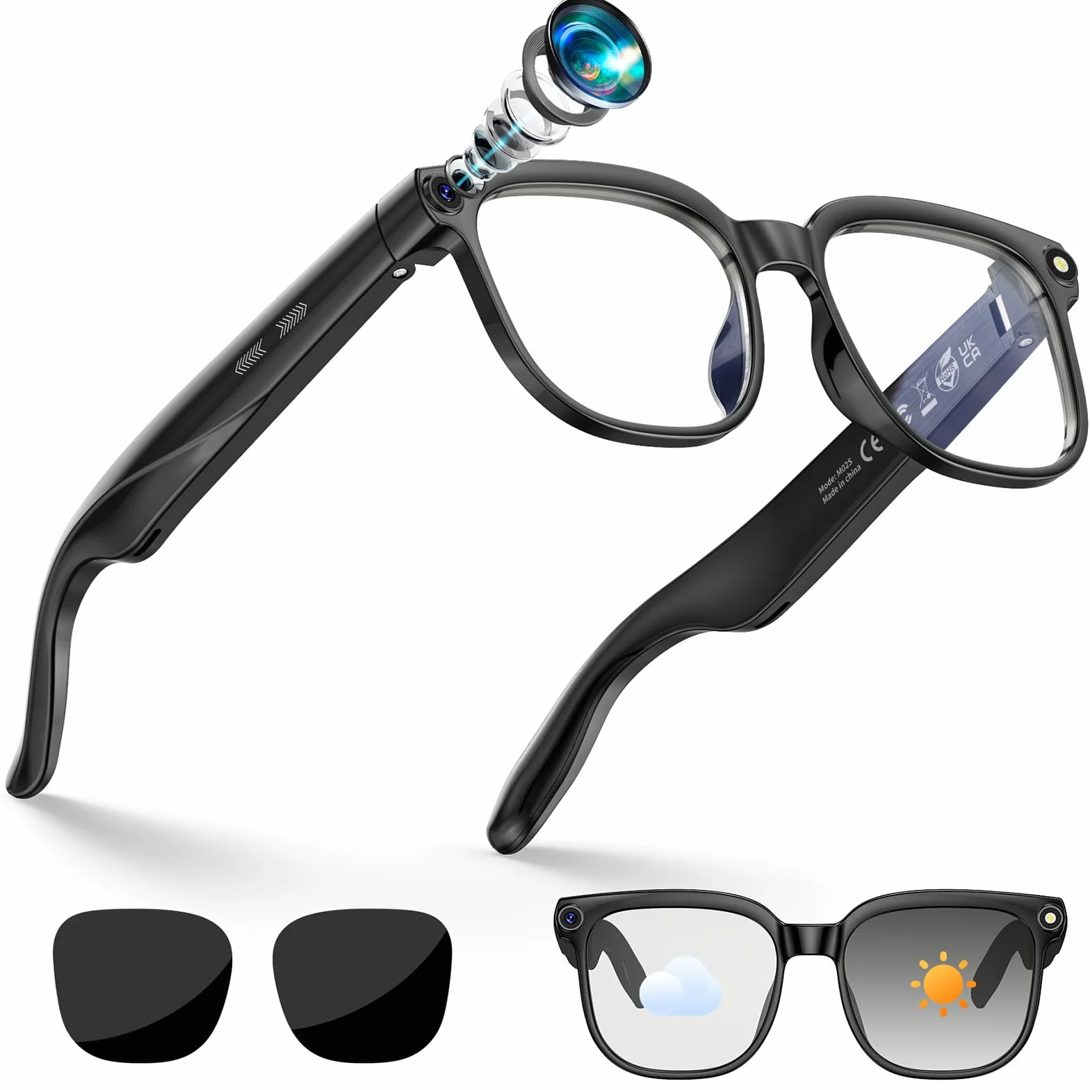 AI Smart Glasses, Brille mit 800 W Kamera, 2 Paare Brillengläser, 1080P HD Video und Audiorecording mit Bildstabilisierung, /Bluetooth-Anrufe/AI-Assistent/Echtzeitübersetzung