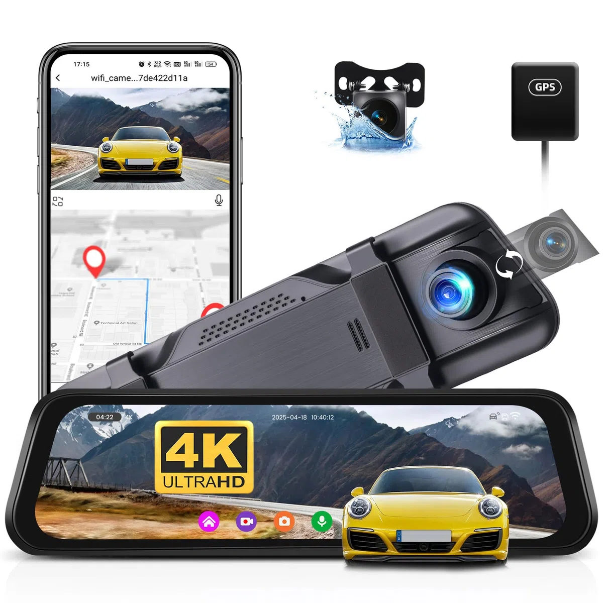 CAMECHO 9.66 Zoll Spiegel Dashcam 4K Dual Rückspiegel GPS Auto Kamera mit Rückfahrkamera 1080P mit IPS Touchscreen WiFi BSD ADAS G-Sensor 150 Grad Weitwinkel-Nachtsicht Loop-Aufnahme