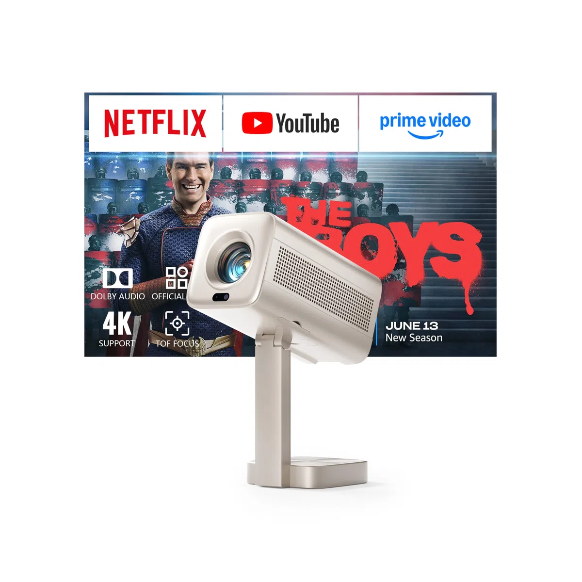 Smart Mini Beamer 4k Heimkino[Integrierte Netflix-App & 30000 Lumen] VOPLLS Verbesserte Version TOF Autofokus/Trapezkorrektur Projektor, WiFi6 Bluetooth FHD 1080P Beamer Outdoor für Handy/PC