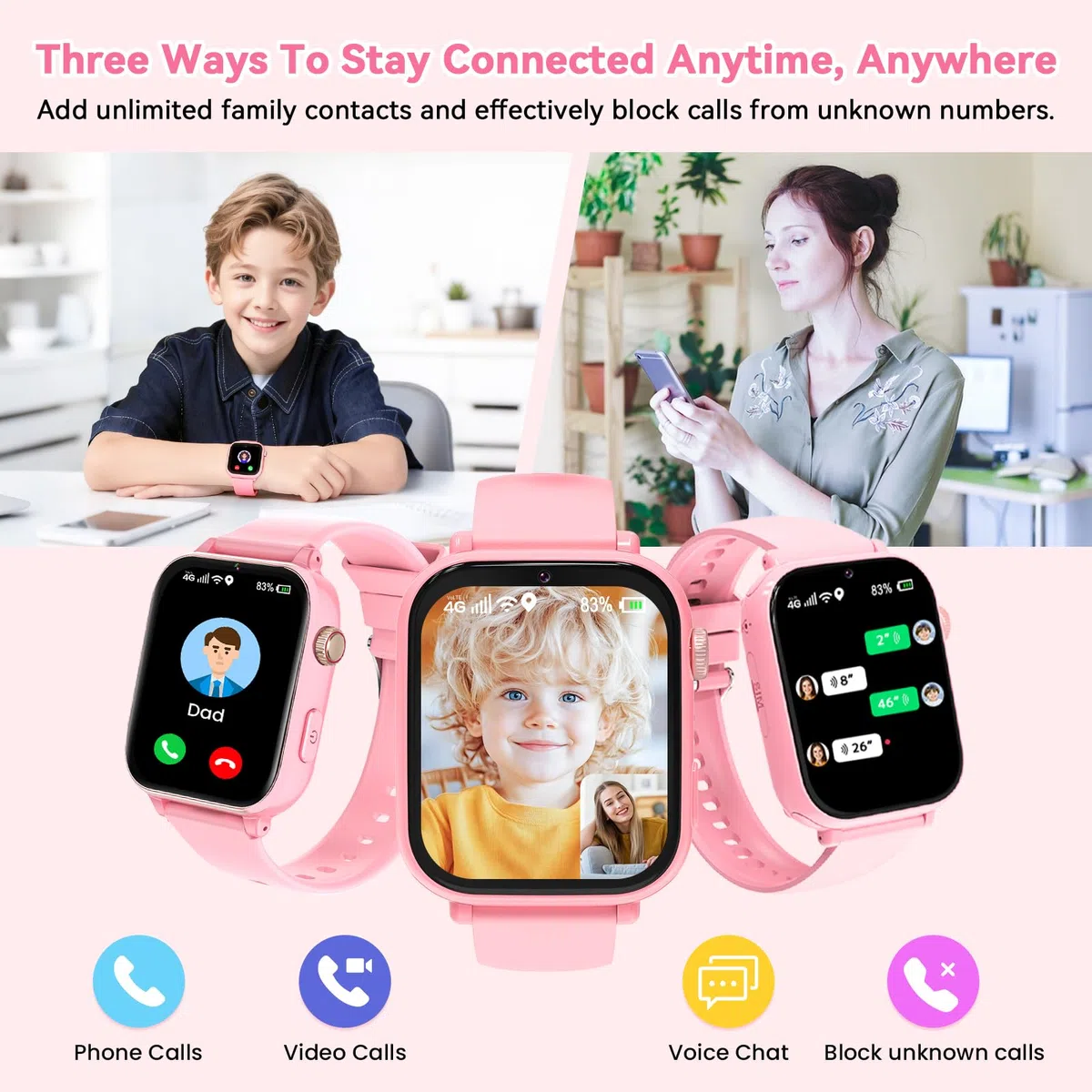 Kinder Smartwatch für Jungen Mädchen, kinderuhr Telefonuhr 4G mit GPS, Telefon, Videoanruf, Voice Chat, SOS, Schulmodus, Wecker, Schrittzähler, Spiele, Smart Uhr Watch für Kids Geschenke 4-12, Rosa