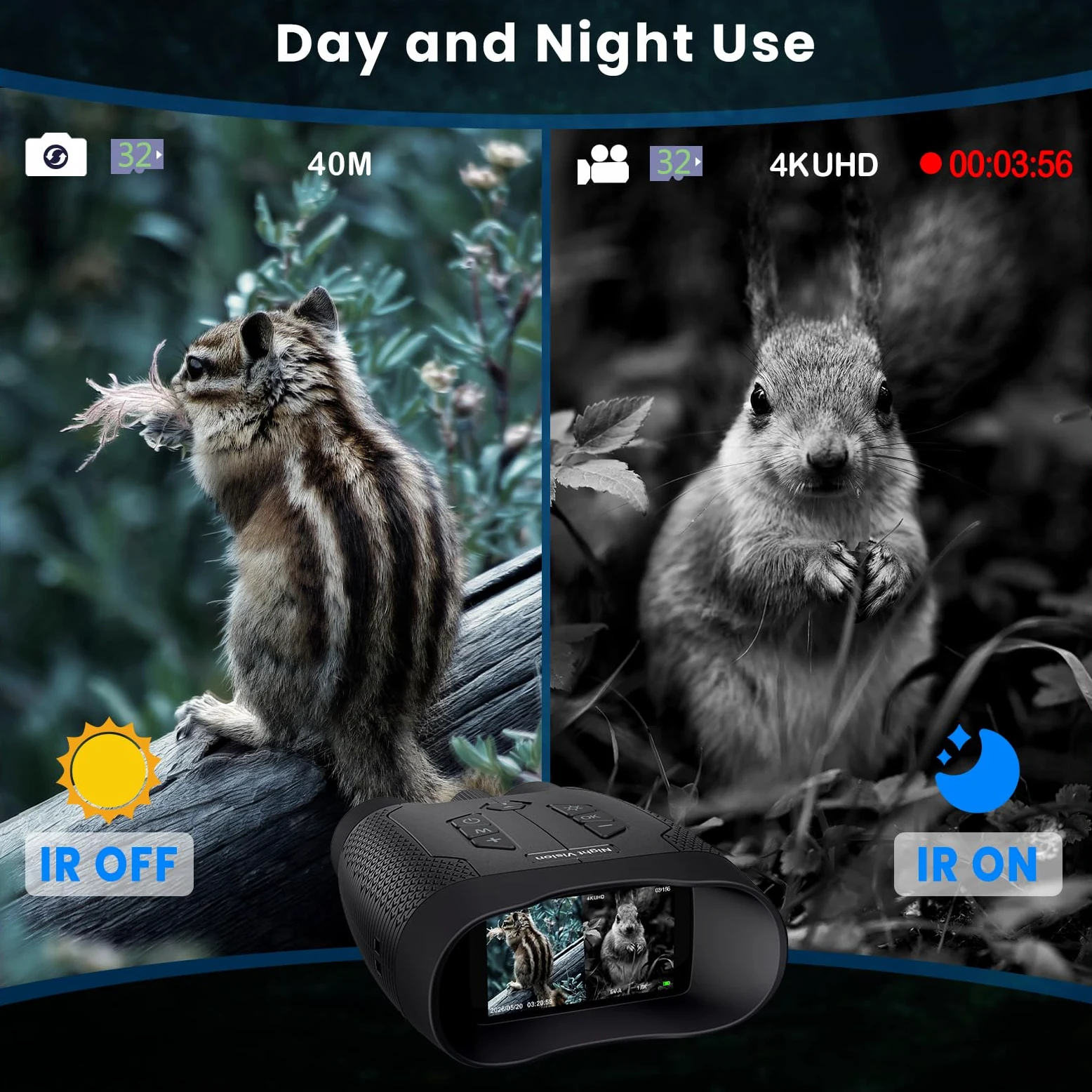 4K Nachtsichtgerät, Digitales Infrarot Nachtsichtgeräte mit 5000mAh Akku, 8X Digitaler Zoom, 500M Reichweite, 3" HD Bildschirm, mit 32 GB Karte, Ausrüstung für Jagd, Camping,Sicherheit und Outdoor | Infrarot-Nachtsicht-Fernglas, 7,6 cm HD, 600 m Sichtbere