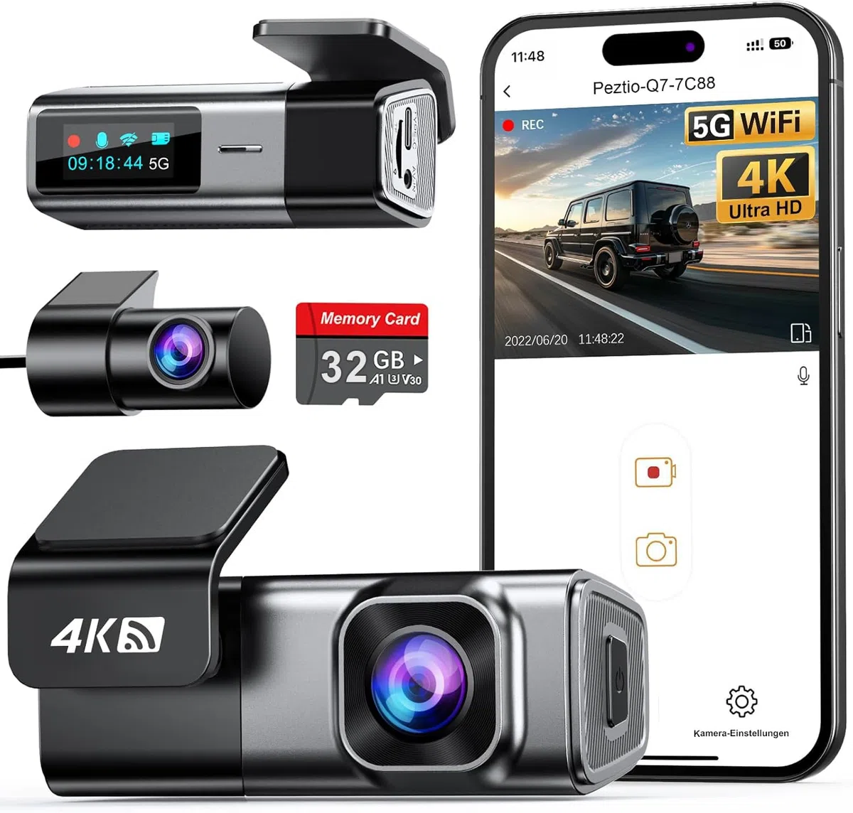 Navycrest Dashcam 4K+1080P 5GHz WiFi Dual Auto Kamera mit 32GB SD Karte Super Nachtsicht WDR G-Sensor 24/7 Parküberwachung