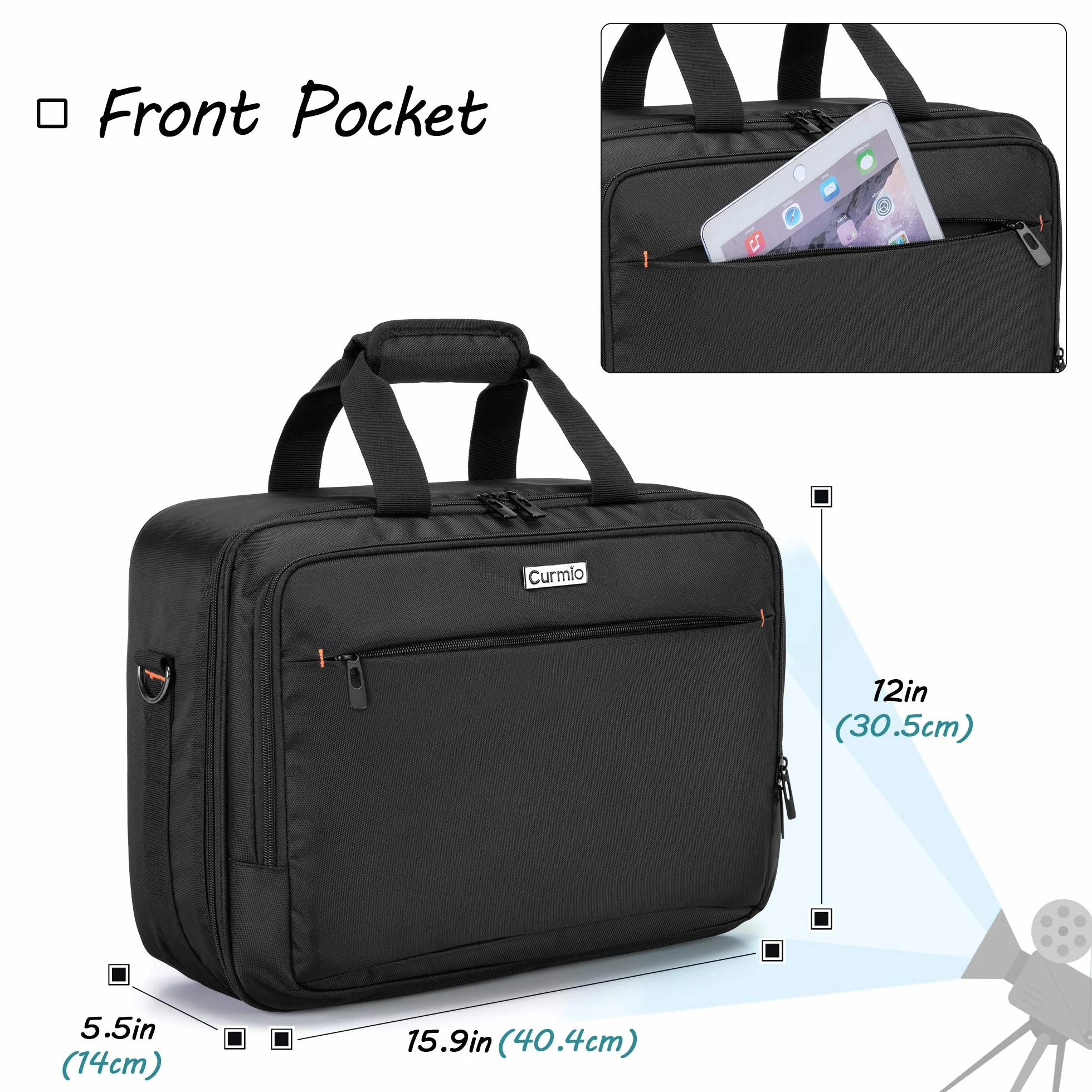 CURMIO Beamertasche für Beamer, Projektor Reisetasche mit Separatem Fach für Laptop, Beamer Tasche für die Meisten Projektoren und Zubehör, 40 x 30 x 13 cm, Schwarz