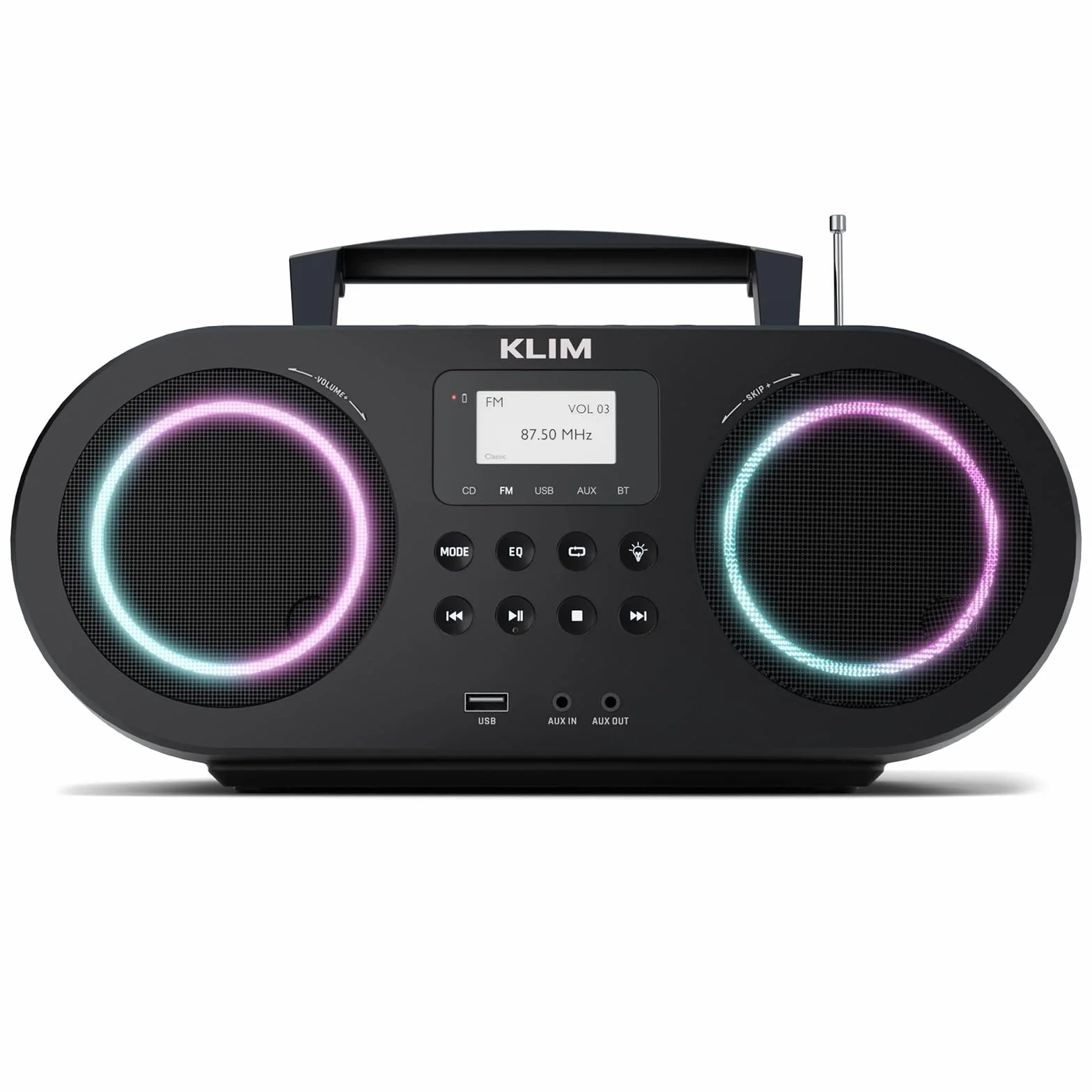 KLIM Boombox B5 Radio mit CD Player + FM Radio, Bluetooth, AUX, USB + NEU + CD Player tragbar mit kabellosem Modus und aufladbaren Akku + CD-Player mit Autosleep, Digital EQ