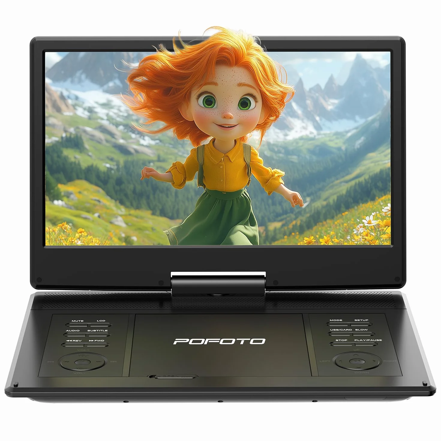 POFOTO 15,7" Tragbarer DVD-Player mit 14,1" HD-Schwenkdisplay, 6h Akkulaufzeit, Zonenfrei, Unterstützt Mehrere Formate/SD/USB, TV/Beamer-Anschluss, Stereo-Lautsprecher, Speicherfunktion, Schwarz