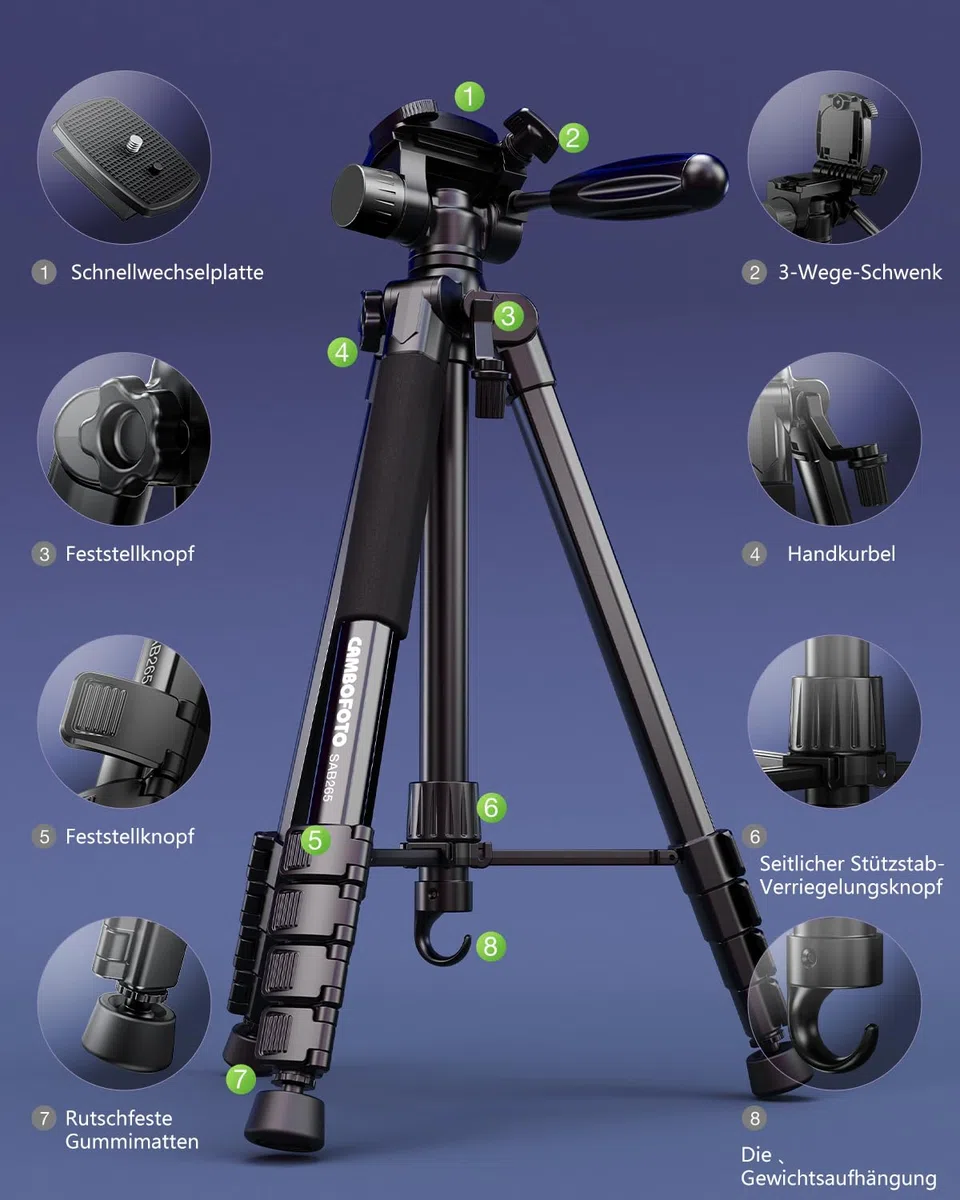 CAMBOFOTO 74" Aluminium Kamerastativ mit 360° Kugelkopf, 1/4 Schraubbefestigung, 4kg Belastbar, Schwarz