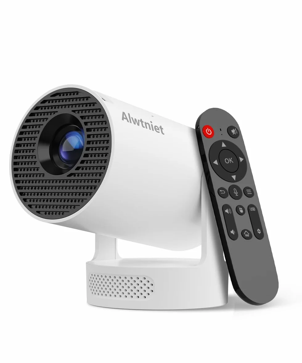 Mini Projektor 4K Unterstützt, Wi-Fi 6, Bluetooth 5.4, 5W Lautsprecher, Automatischer Trapezkorrektur, 180° drehbar, tragbarer Projektor