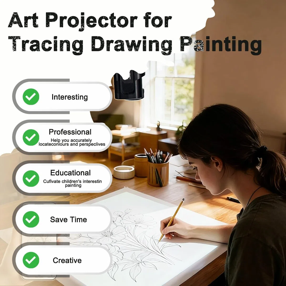 Intelligenter Kunstprojektor, tragbarer Zeichenprojektor mit Fernbedienung und Ständer, Projektionswerkzeug zum Abpausen und Malen, Einstellbarer Fokus und Bildgröße