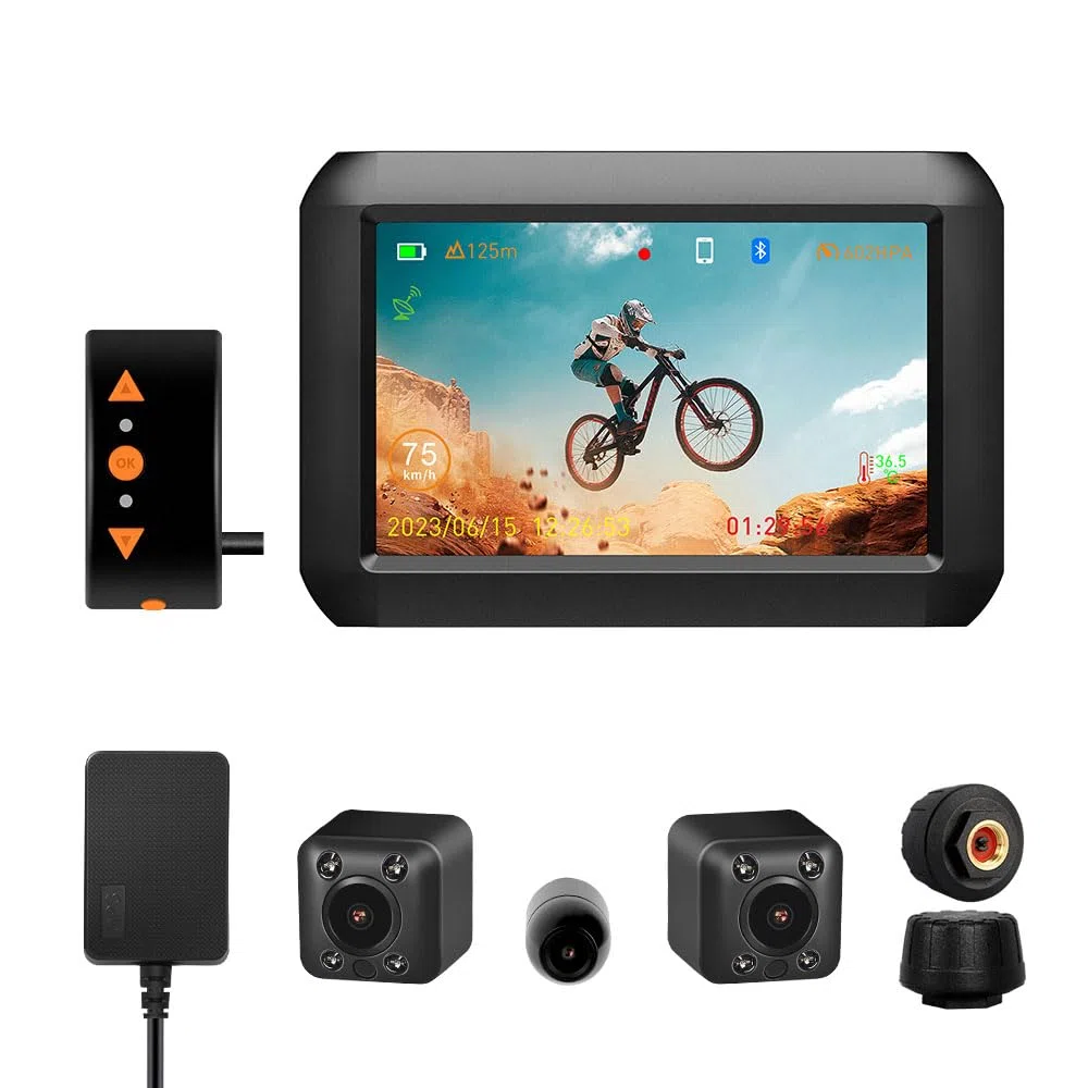 VSYSTO Fahrrad Rückfahrkamera, Lenker Fahrrad Spiegel 4'' Bildschirm WiFi HD 1080P Front und Heck und Selfie Kamera DVR mit Reifendrucksensoren GPS Telefon Assistant Mode Temperatursensor(Schwarz-F3K)