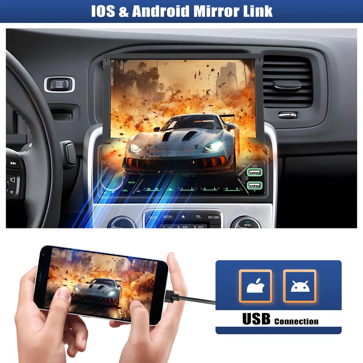 CAMECHO Autoradio 1 Din mit Bluetooth Radio Manuelle Ausfahrbarem Display mit Mirror Link FM/AM RDS Lenkradsteuerung USB/AUX +Rückfahrkamera
