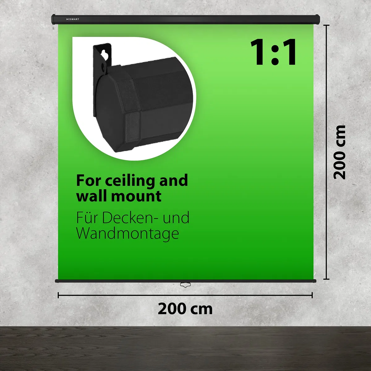 ESMART Rollo Greenscreen (200 x 200 cm 1:1) Tuch: grün | Chroma-Key-Hintergrund, Platz sparendes Rollo-System, Wand- & Deckenmontage, ideal für Fotografie & Virtual Studio