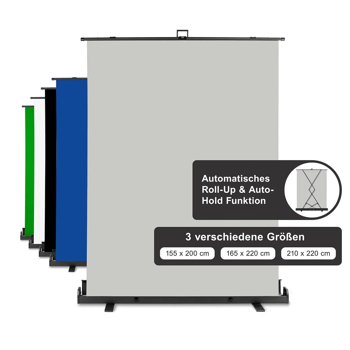 Walimex pro Roll-up Panel Hintergrund grau 155 x 200 cm, Fotohintergrund mit Transportbox, Hintergrundsystem für Fotostudio, knitterfreie Fotoleinwand ideal für Portraits und dezente Lichtakzente