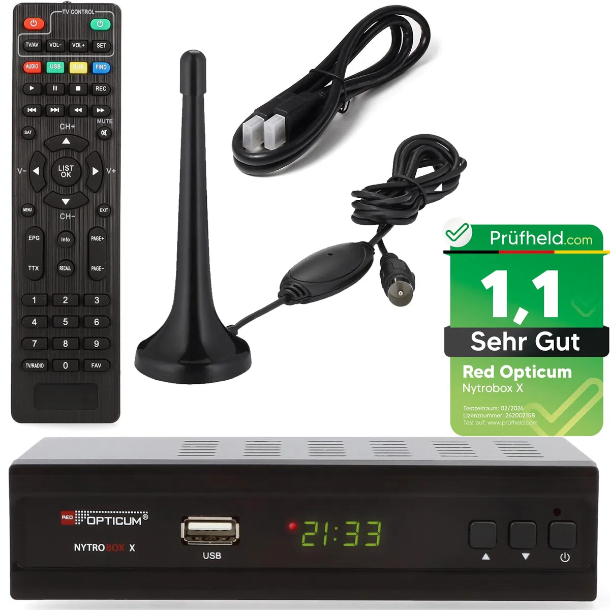 Opticum Nytrobox X DVB-T2 Receiver mit PVR Aufnahmefunktion und DVB-T Antenne Set HDMI SCART USB