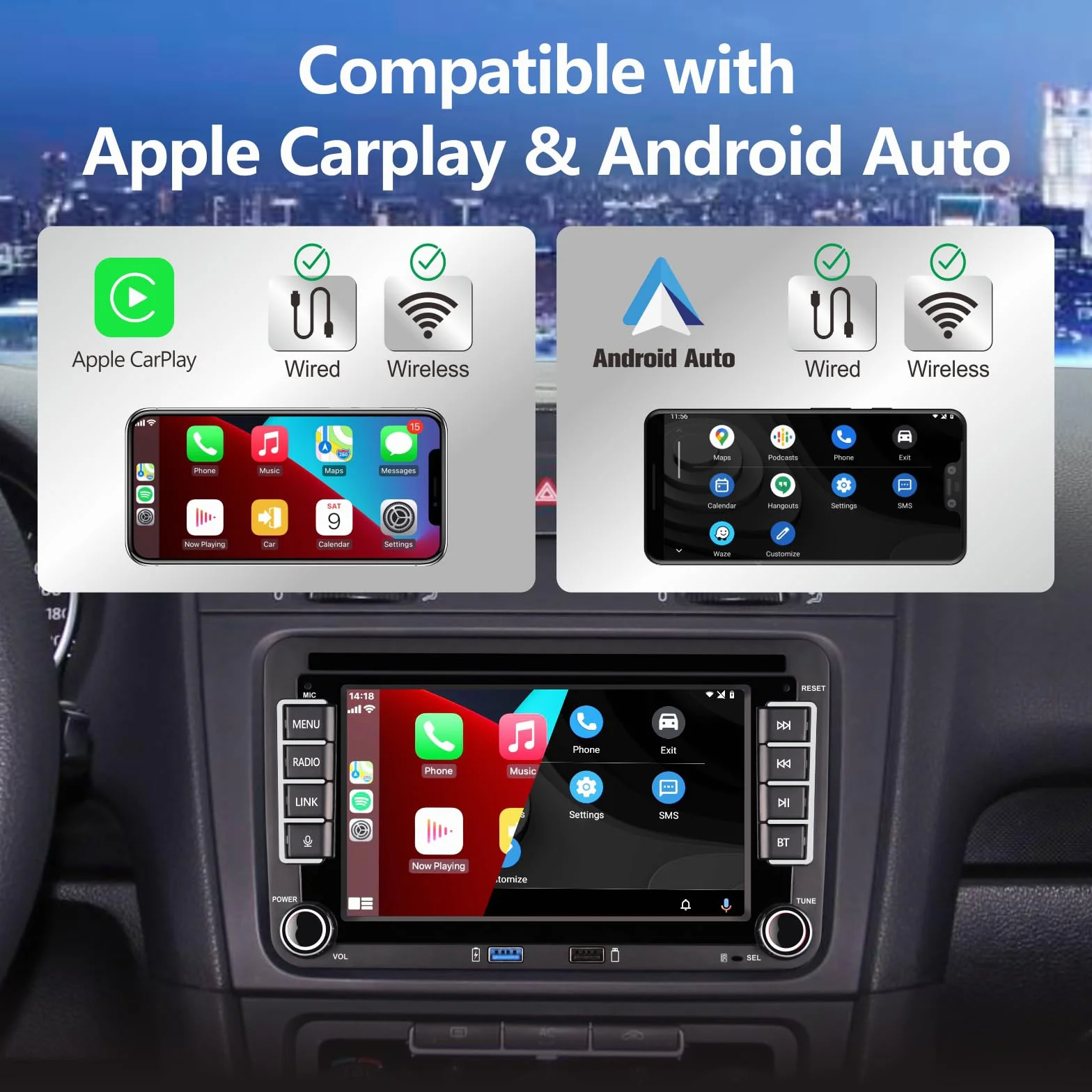 Autoradio für VW Golf 5/6, Polo 5/6R, T5, Passat, Jetta – 7-Zoll-Touchscreen, Wireless CarPlay & Android Auto, Bluetooth/AM/FM/Lenkradsteuerung (SWC)/USB/DSP-EQ, Plug and Play