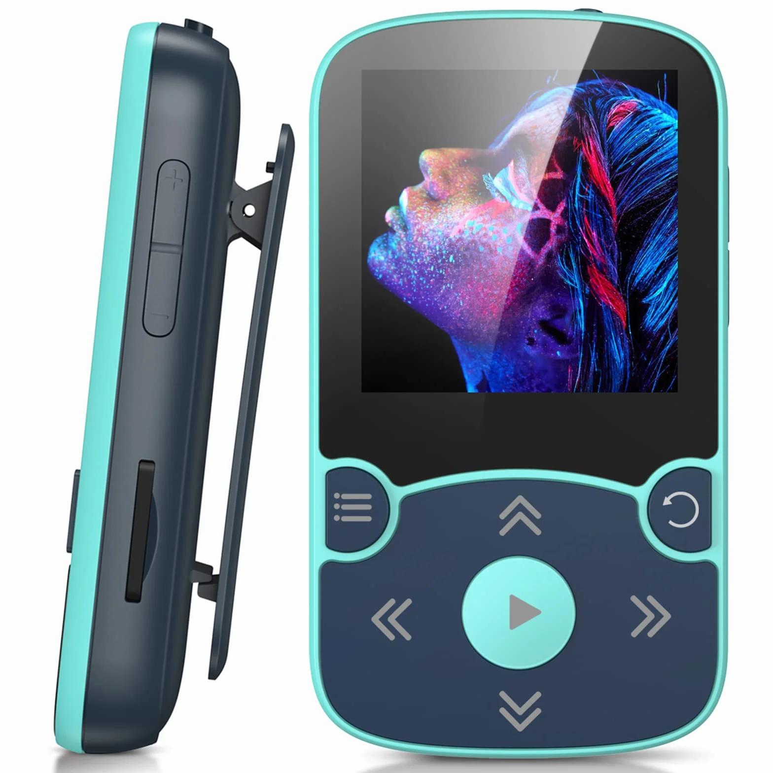 AGPTEK MP3 Player Bluetooth 5.0 Sport 32GB mit 1,5 Zoll TFT Farbbildschirm, Mini Musik Player mit Clip, Unterstützt bis 128GB TF Karte, mit unabhängiger Lautstärketaste, Blau