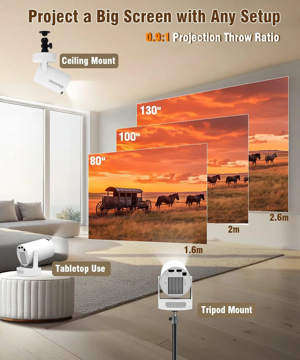 Mini Projektor 4K Unterstützt, Wi-Fi 6, Bluetooth 5.4, 5W Lautsprecher, Automatischer Trapezkorrektur, 180° drehbar, tragbarer Projektor